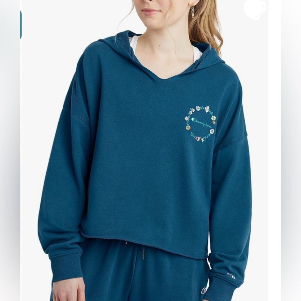 Champion Women’s Crop Hoody Embroidered Sweatshirt. Teal Blue. Size 2XL …